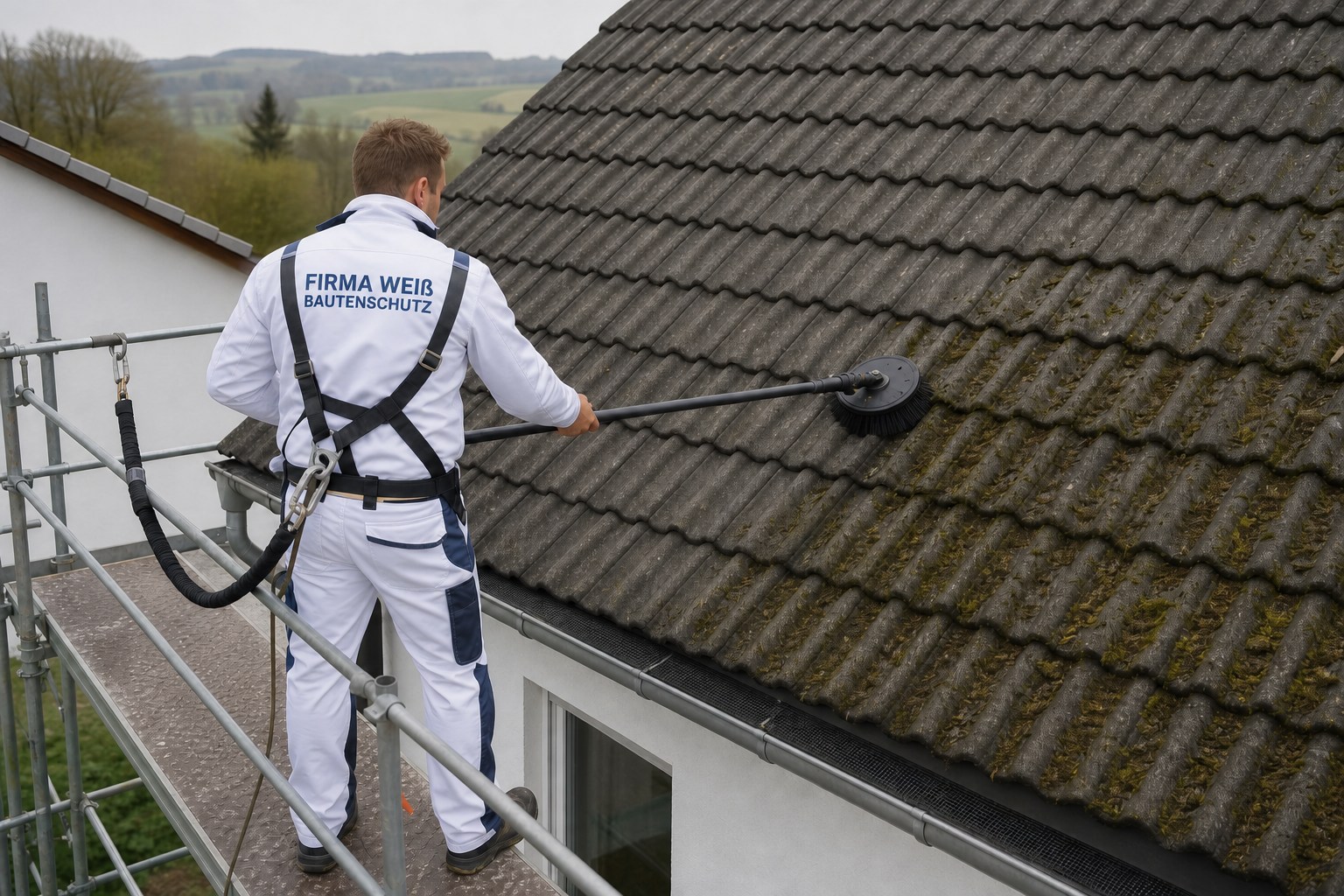 Professionelle Dachreinigung in weißer Arbeitskleidung