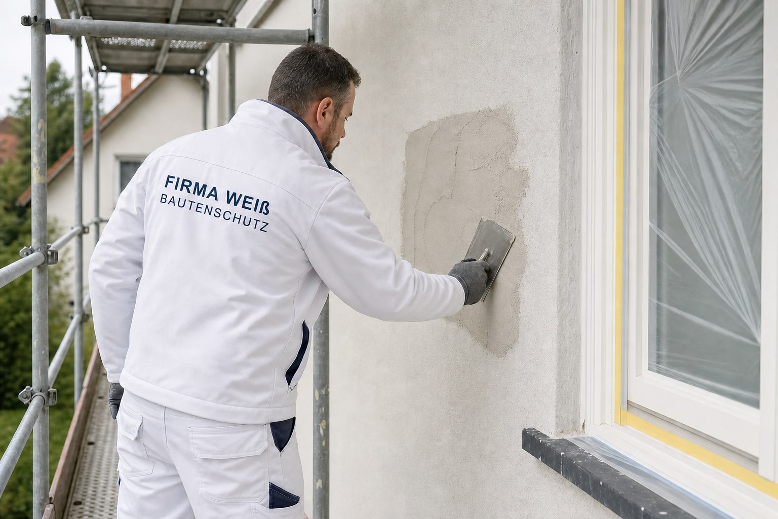 Handwerker bei einer Fassadenreparatur